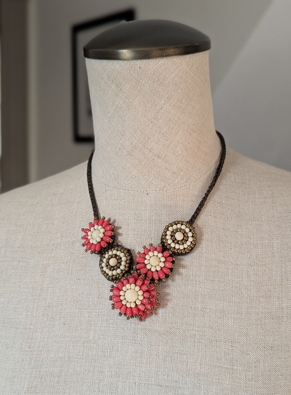 Floral Beaded Statement Necklace - Orange & Cream